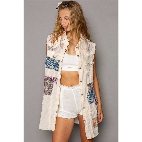 POL Cream Patchwork & Lace Gauze Button Front Vest Dress - Picture 11 of 12